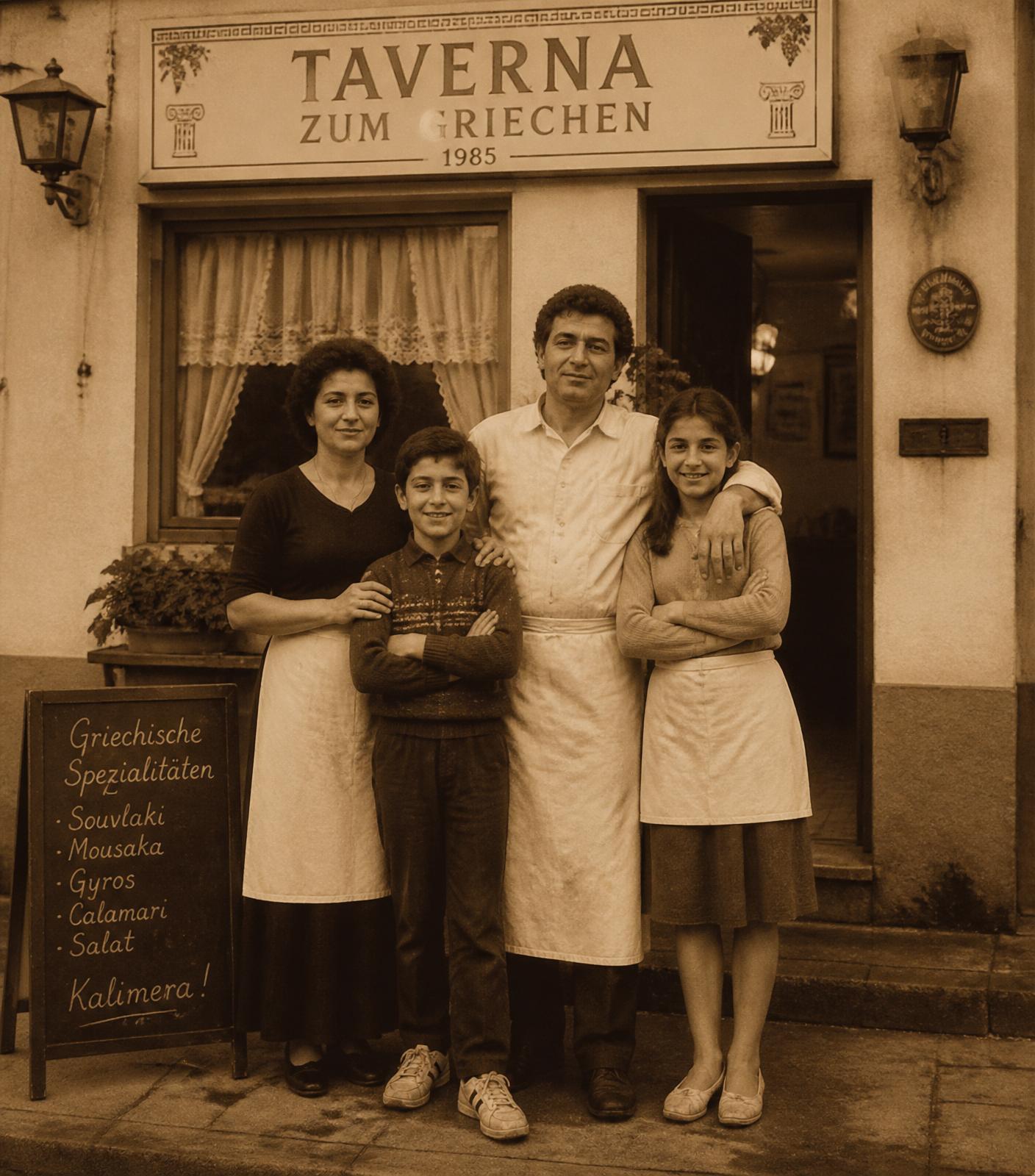 Die Familie vor dem Restaurant Olympia im Jahr 1985